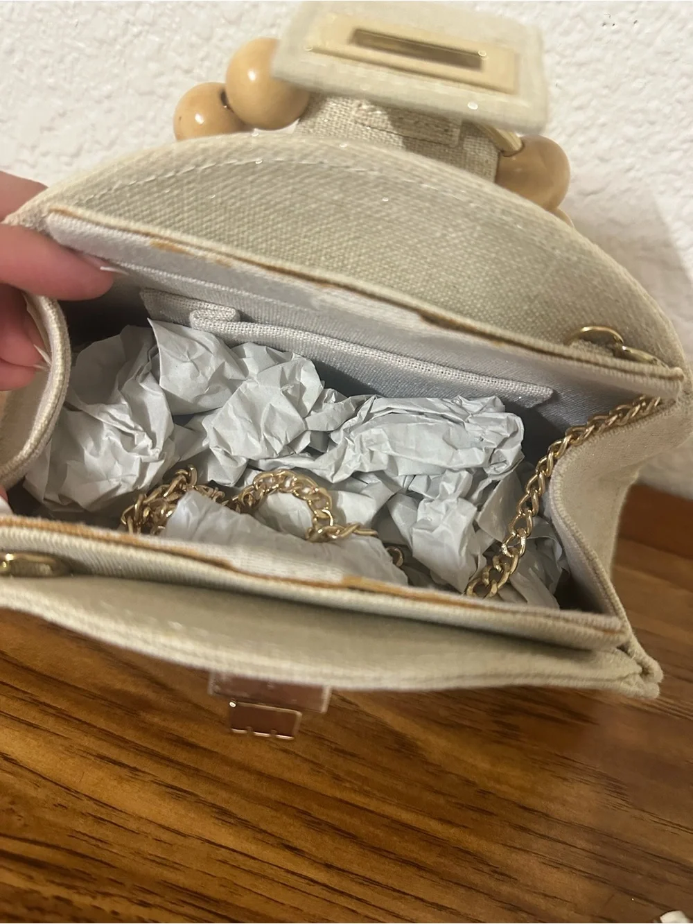 Beige Woven Straw Dome Wristlet Bag with Wooden Bead Handle
